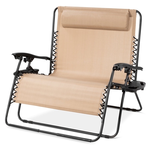 2 Person Tan Extra Wide Zero Gravity Chair Lounger with Cup Holders Headrest