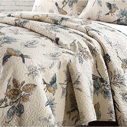 King size 3-Piece Quilt Bedspread Set in 100-Percent Cotton with Floral Birds Pattern