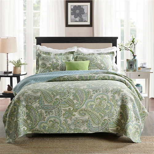 Queen size 3-Piece 100-Percent Cotton Bedspread Quilt Set with Green Paisley Pattern