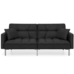 Plush Black Split-Back Design Convertible Linen Tufted Futon w/ 2 Pillows