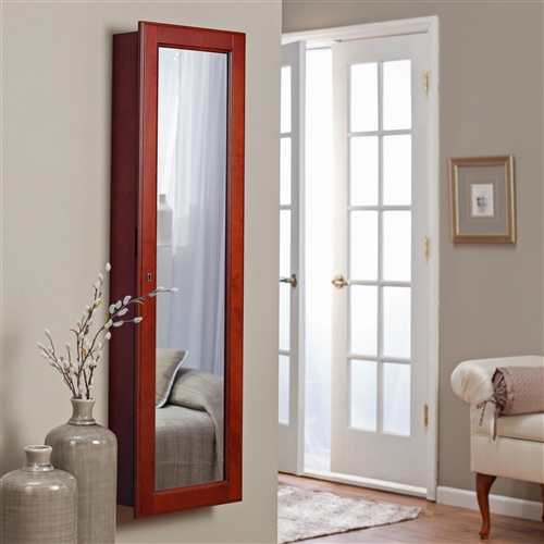 Wall Mounted Locking Jewelry Armoire with Mirror in Cherry Wood Finish
