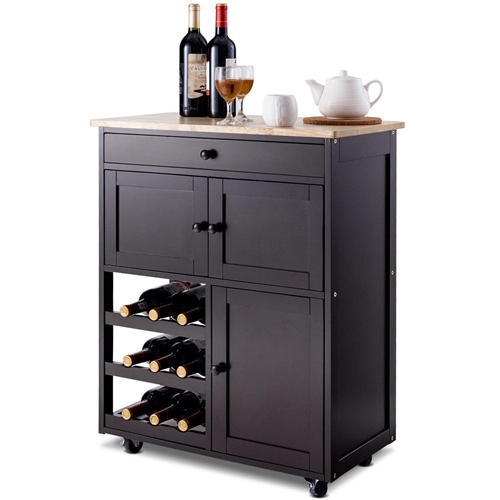 Brown Wood Mobile Kitchen Island Cart Cabinet with Wine Rack and Drawer