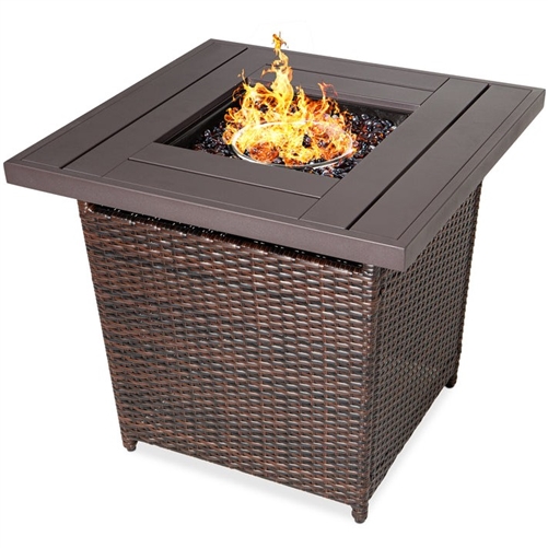 50,000 BTU Brown Wicker LP Gas Propane w/ Faux Wood Tabletop and Cover