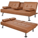 Brown Modern Faux Leather Cup Holders Convertible Sofa Bed Futon Sleeper