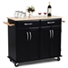 Black Kitchen Island Storage Cabinet Cart with Wood Top and Wheels