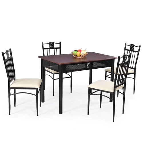 5-Piece Black Brown Dining Set Wood Metal Table Chairs with Cushions