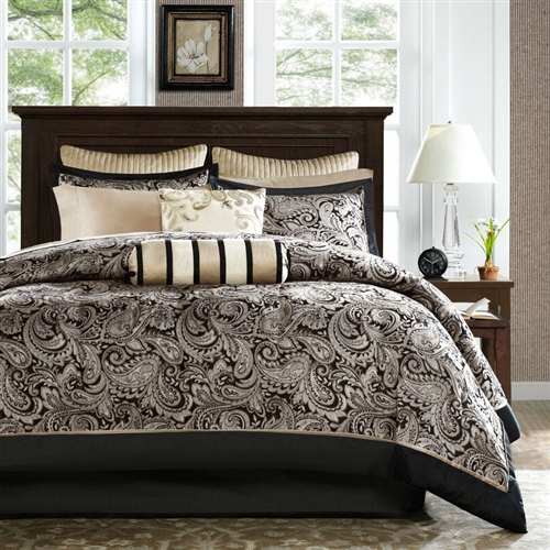 California King 12-Piece Reversible Paisley Cotton Comforter Set in Black Gold