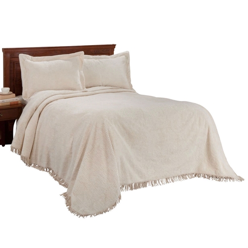 Queen size Natural Off-White Beige Cotton Chenille Bedspread with Fringe Edge