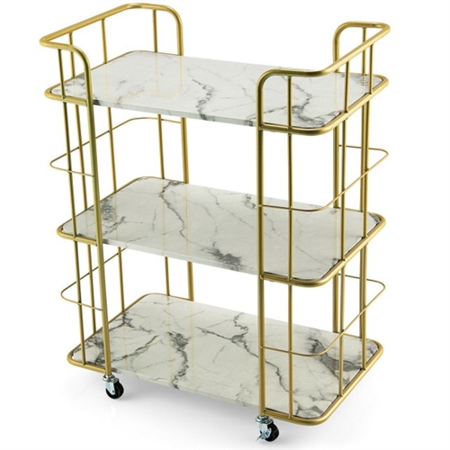 3 Tier Faux Marble Gold Rolling Bar Cart