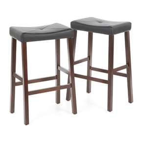 Set of 2 - Upholstered Faux Leather Saddle Seat Barstool in Mahogany