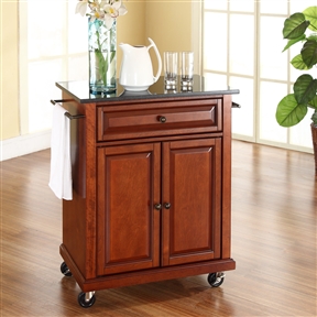 Cherry Portable Kitchen Island Cart w/ Granite Top & Locking Wheels