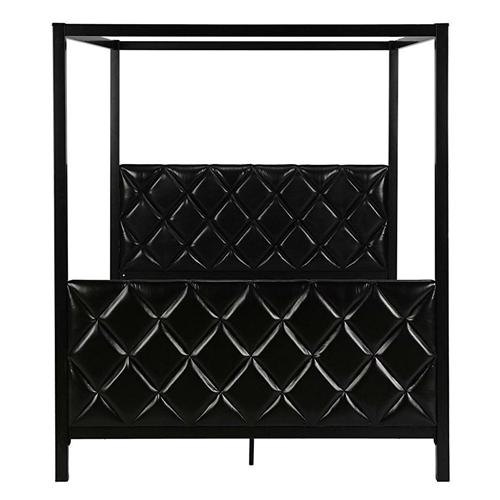 Queen size Metal Canopy Bed Frame with Black Faux Leather Headboard and Footboard