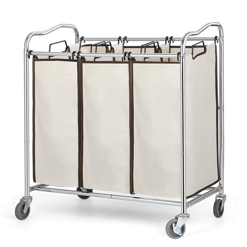 Heavy Duty 3-Bag Laundry Hamper Cart with Lockable Wheels