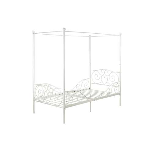 Twin size White Metal Canopy Bed with Heart Scroll Design