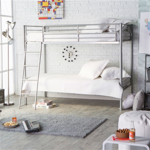 Twin over Twin Durable Metal Bunk Bed with Ladder in Silver Finish
