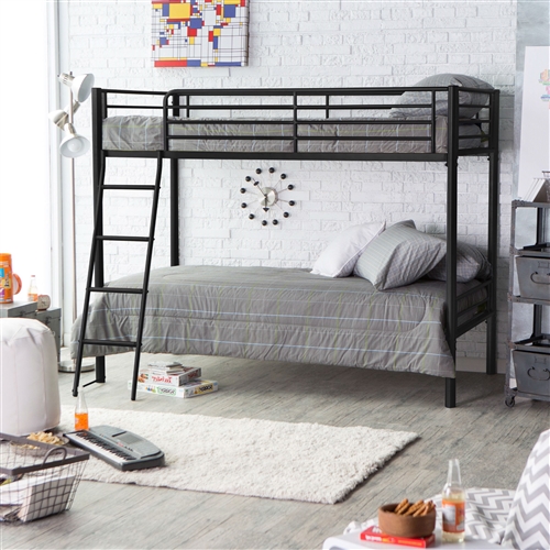 Twin over Twin Bunk Bed in Black Metal Finish with Ladder and Safety Rails