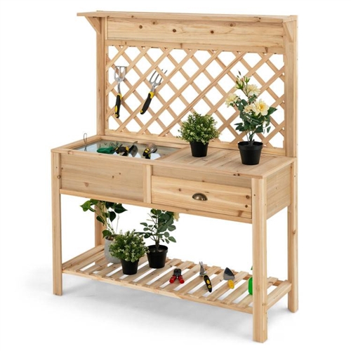 Farmhouse Outdoor Garden Wooden Potting Bench with Storage Drawer and Trellis
