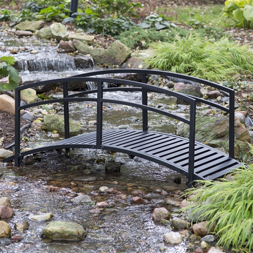 Sturdy 6-Foot Black Metal Garden Bridge with Double Arch Side Rails