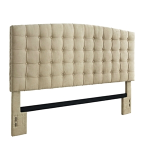 King size Button Tufted Padded Headboard Upholstered in Beige Microfiber