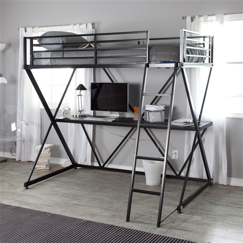 Black Metal Twin size Bunk Bed Loft with Desk and Ladder