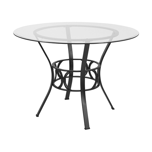 Round 42-inch Glass Dining Table with Metal Frame in Black Finish