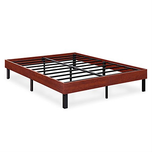Full size Sturdy Metal Platform Bed Frame with Cherry Finish Wood Sides