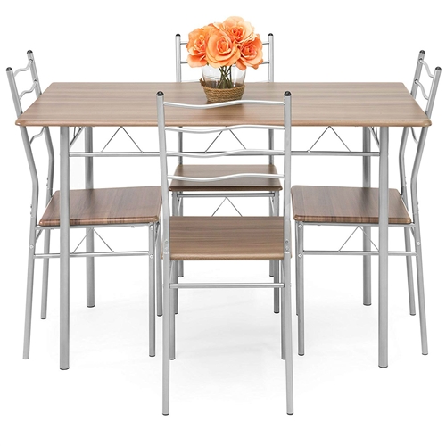 5-Piece Wooden Kitchen Table Dining Set with Metal Legs, 4 Chairs, Brown/Silver