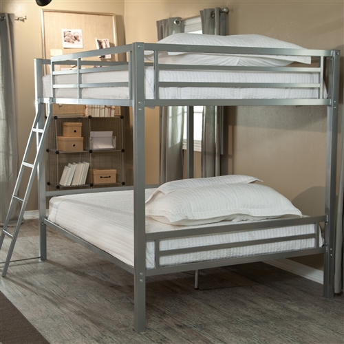 Full over Full size Bunk Bed with Ladder in Silver Metal Finish
