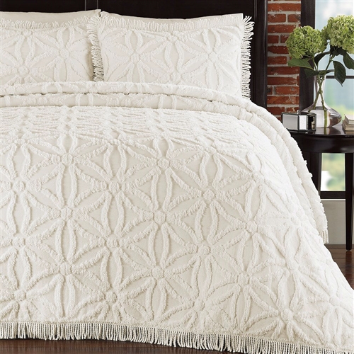 Full size Cotton Chenille Bedspread with Flower of Life Pattern and Fringe Edge in Ivory