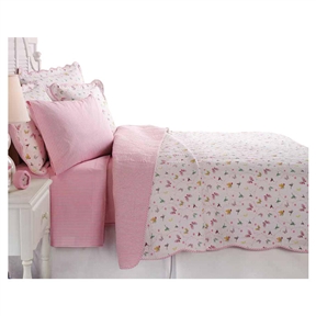 Full / Queen Cotton Blend Reversible Quilt Set Pink White Stripe Butterfly