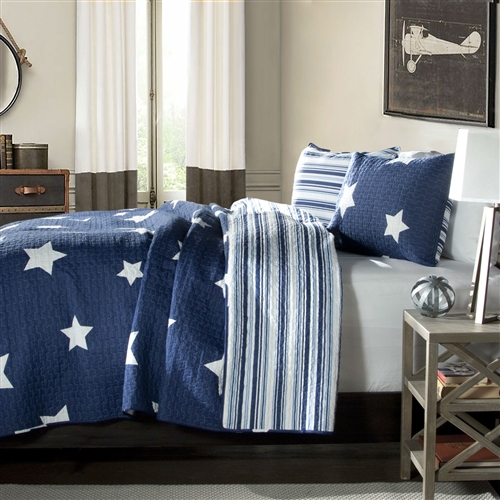 Full / Queen Navy Star And Stripes At Night Quilt Coverlet Bedspread Set
