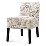 Modern Accent Chair Off-White French Cursive Pattern Upholstery with Black Wood Legs