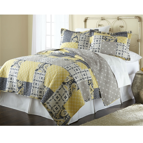 Full / Queen Cotton Patchwork Quilt Set Yellow Grey Navy