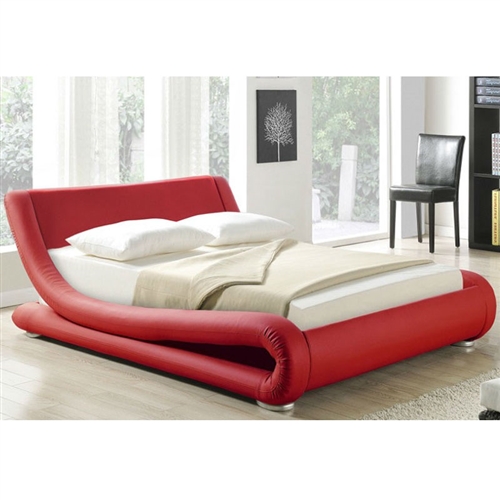 Queen size Modern Red Faux Leather Upholstered Platform Bed with Curved Headboard