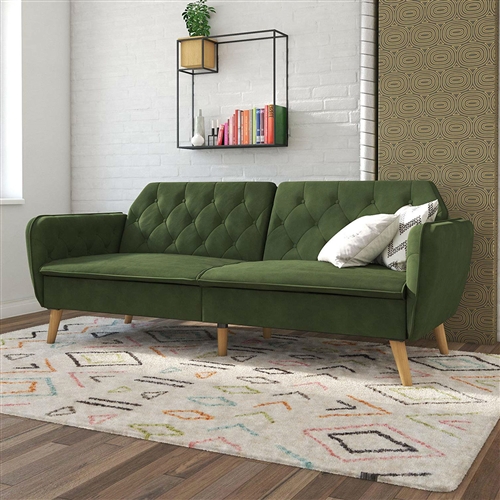 Memory Foam Futon Sofa Bed with Green Velvet Upholstery and Wood Legs