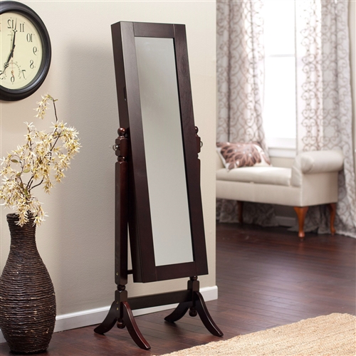 Jewelry Armoire and Full-Length Tilting Mirror in Espresso Brown Wood Finish