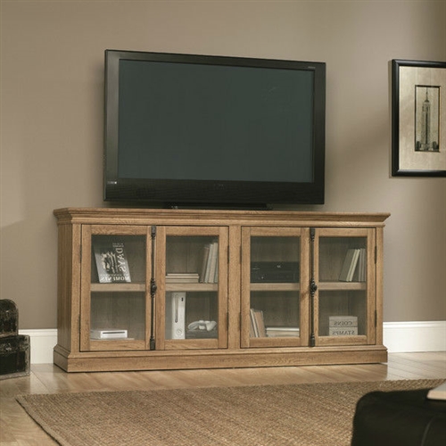 Oak Wood Finish TV Stand with Tempered Glass Doors - Made in USA