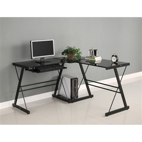 Black L-Shaped Computer Desk with Glass Top and Steel Frame