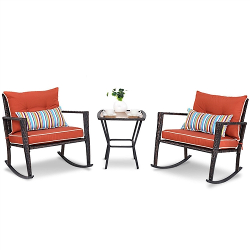 Red 3 Piece Patio Set Rattan Wicker Rocking Chairs with Coffee Table