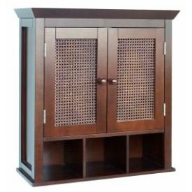 Espresso Hand-Woven Cane Panel 2-Door Wall-Hanging Bathroom Cabinet