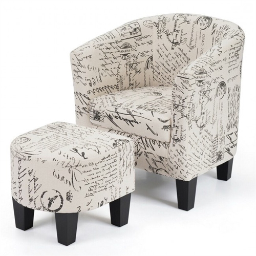 French Script Barrel Accent Linen Fabric Upholstered Chair Tub Chair with Ottoman