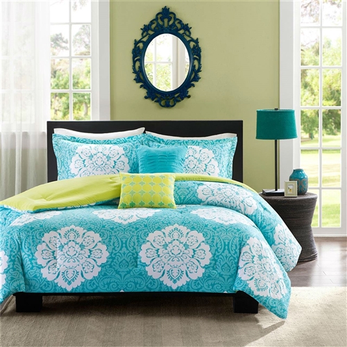 King size 5-Piece Floral Damask Comforter Set in Teal Blue White and Green Colors