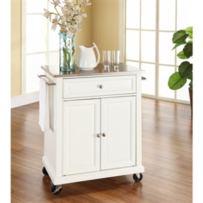 Stainless Steel Top Portable Kitchen Island Cart in White Finish