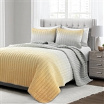 King Size Yellow Grey Ombre Crinkle 3 Piece Quilt Set