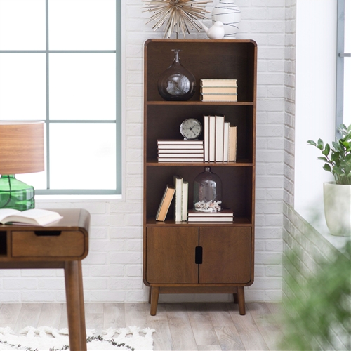 Modern Classic Mid-Century Style Bookcase Cabinet in Wallnut Wood Finish