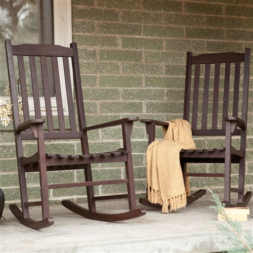 Set of 2 - Indoor/Outdoor Patio Porch Dark Brown Slat Rocking Chairs