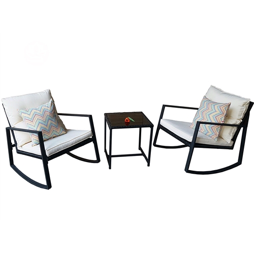 Black Outdoor 3-Piece Patio Furniture Set with 2 Rocking Chairs White Cushions and Coffee Table