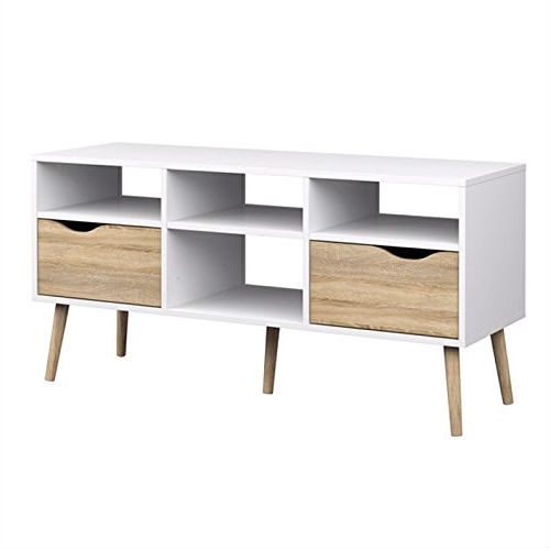 Modern White Natural Oak TV Stand with Mid-Century Style Wood Legs