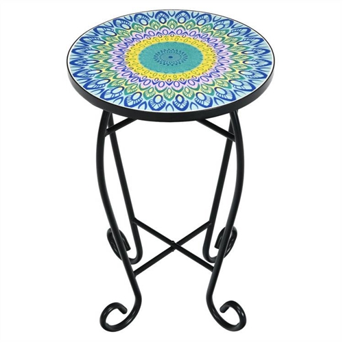 Indoor/Outdoor Blue Yellow Green Mosaic Round Side Accent Table Plant Stand