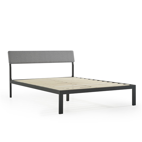 Twin Size Grey Soft Fabric Metal Headboard Modern Platform Bed Wooden Slats